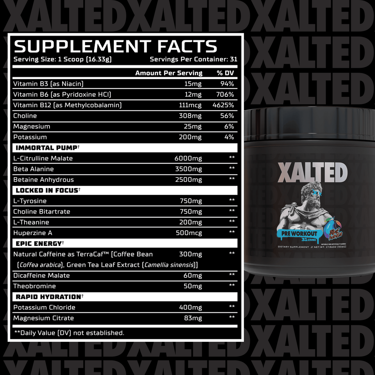 Xalted pre-workout ingredients supplement facts.