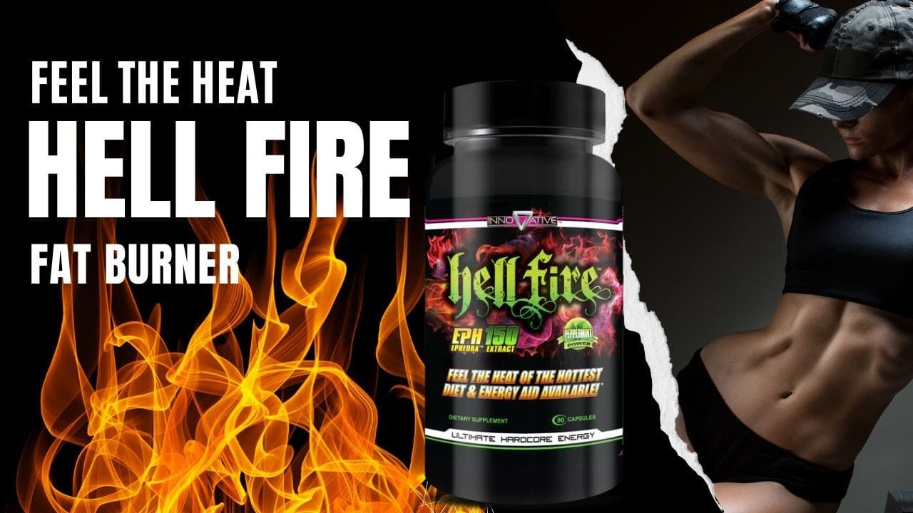 Hell Fire Fat Burner supplement ad with woman and flames