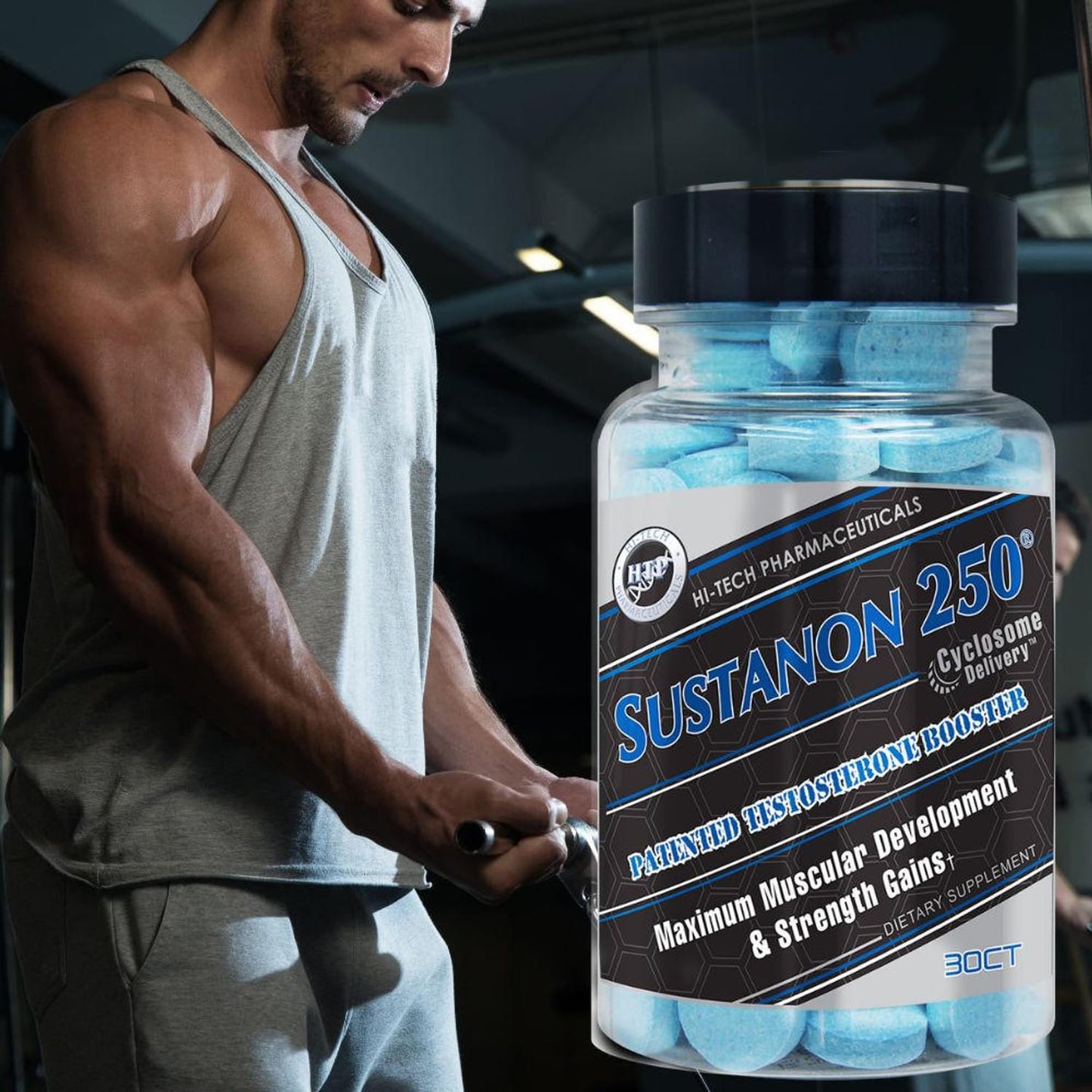 Sustanon 250 with muscular man, biceps, for strength gains