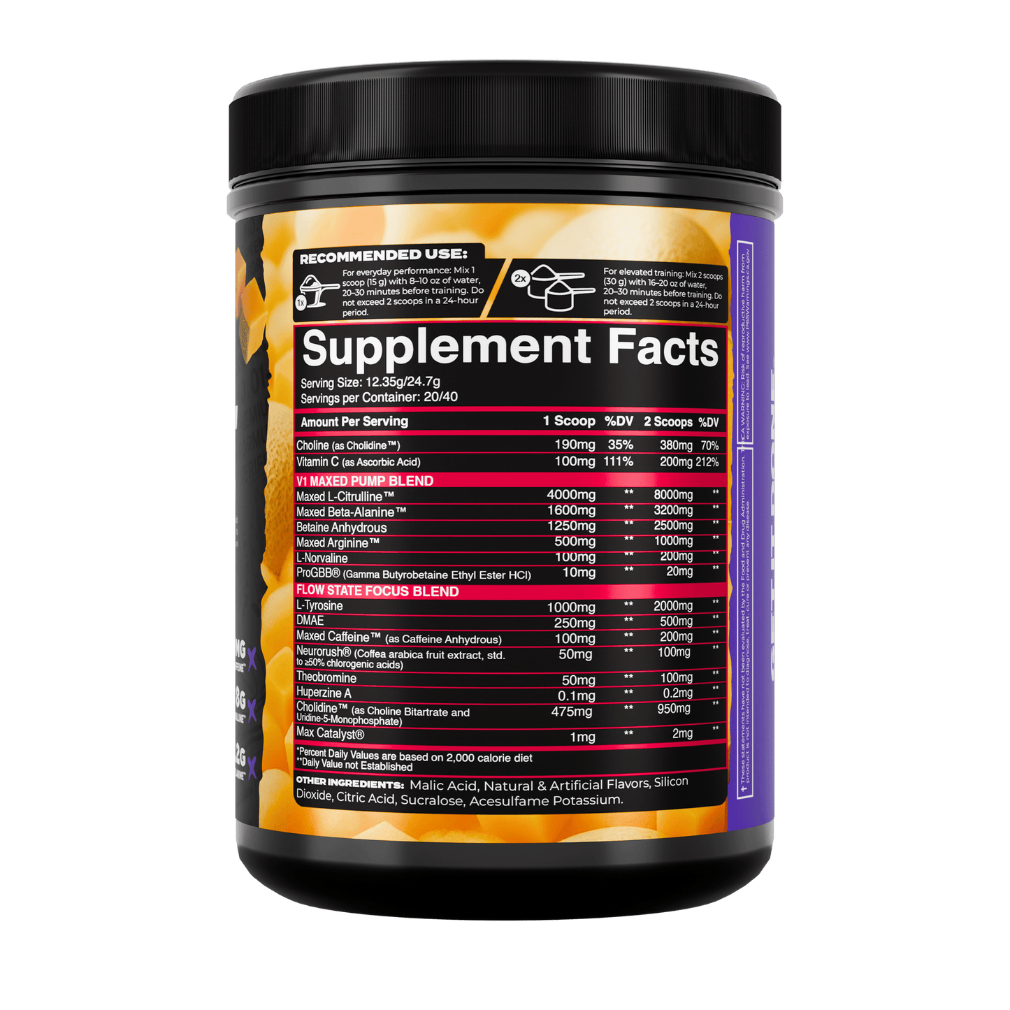 Pre-workout supplement facts panel on right side of container