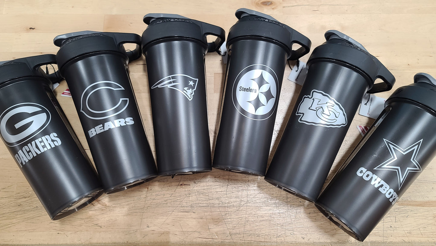 Six sports team water bottles.