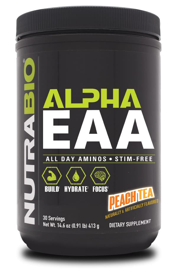 Black supplement container with ALPHA EAA label.