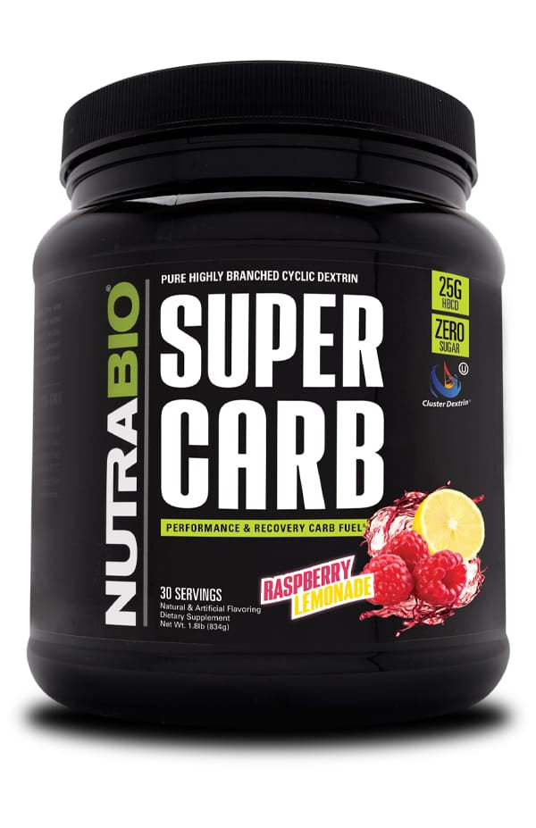 Black container of Super Carb raspberry lemonade powder.