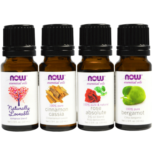 Four bottles of essential oils.