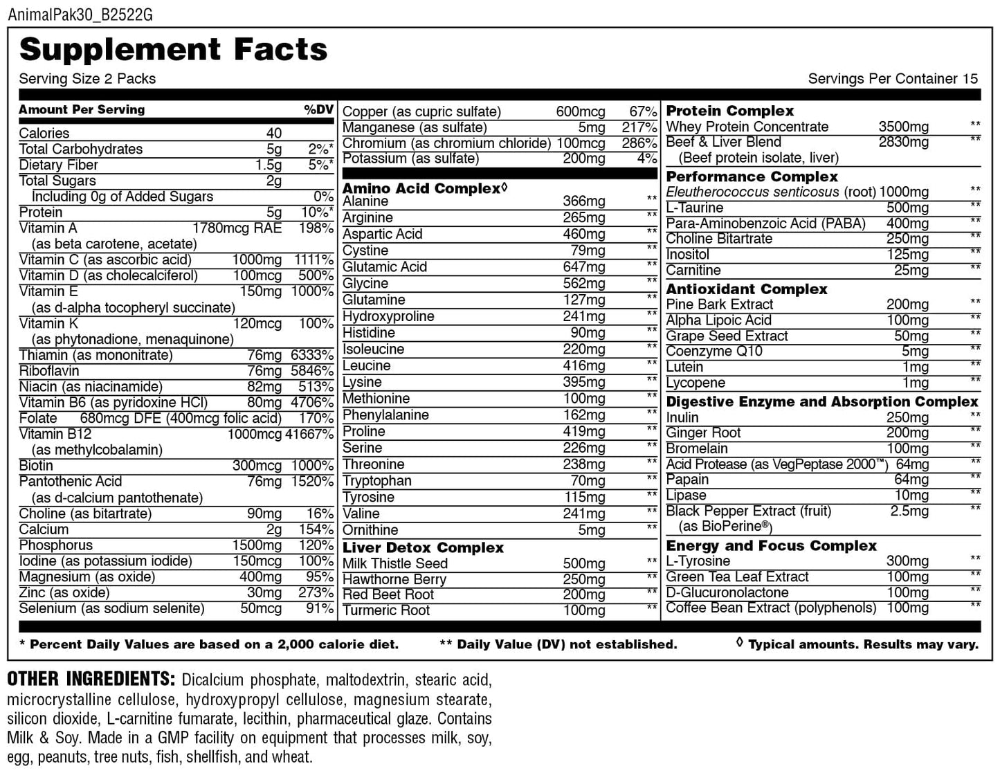 Animal Pak 30 supplement facts