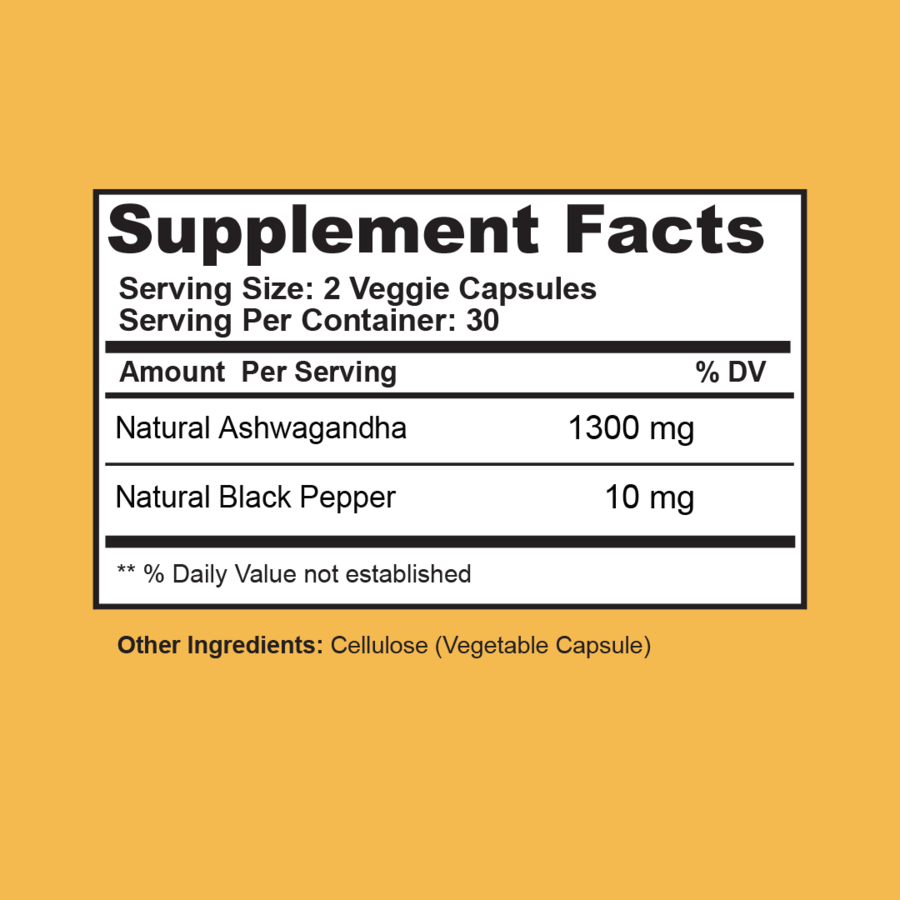 Ashwagandha supplement facts label with 1300mg Ashwagandha.