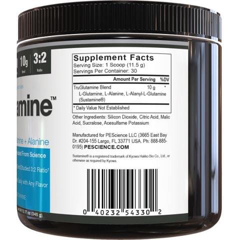 TruGlutamine supplement facts label, 10g serving, with L-Glutamine blend