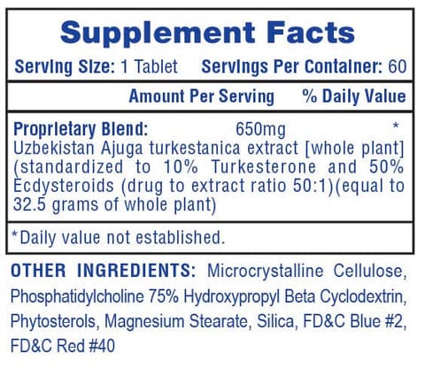 Turkesterone 650 Supplement Facts - 60ct - Uzbekistan Ajuga Extract