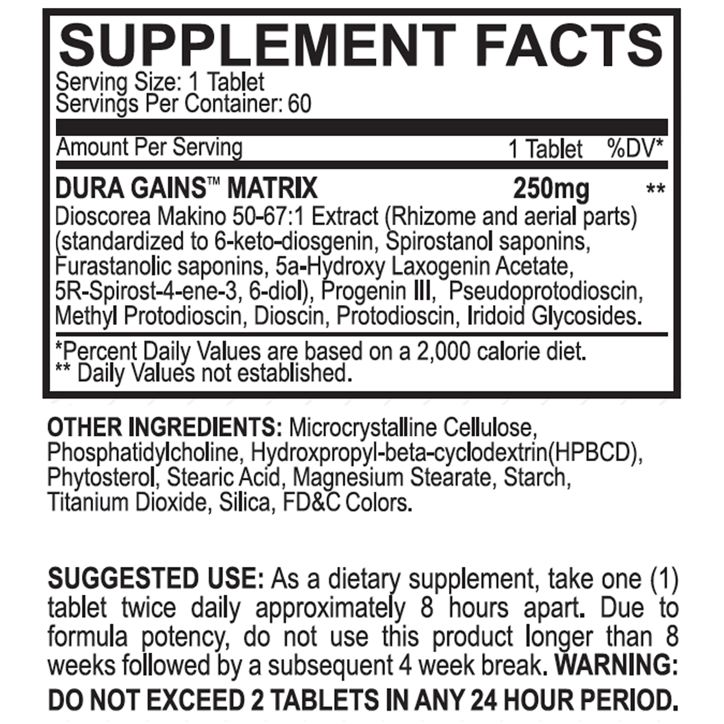 Dura Gains Matrix supplement facts label