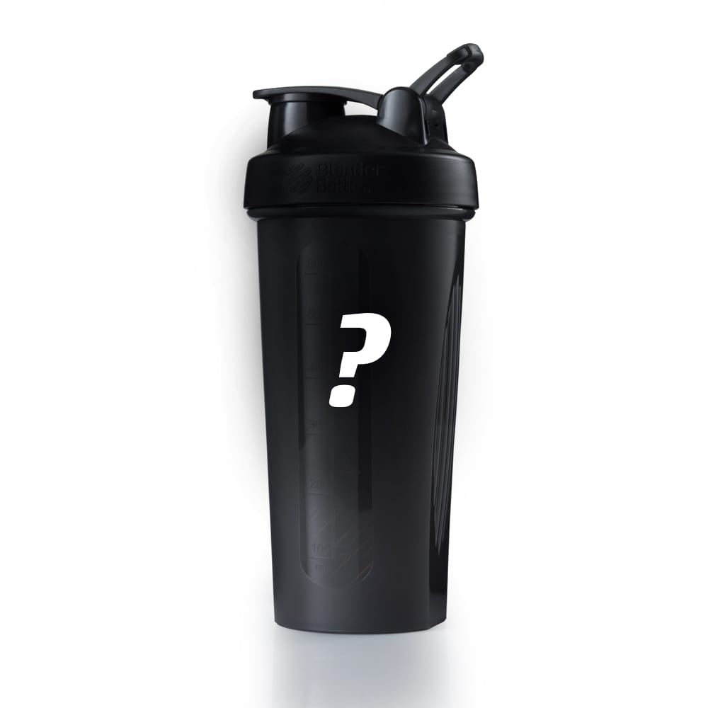 Black shaker bottle with mystery logo