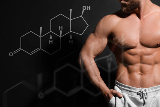 testosterone chemical symbol and shirtless muscular man - is testosterone a steroid