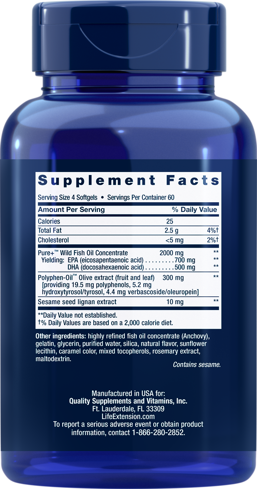 Life Extension Super Omega3 EPA/DHA Fish Oil, Swesame Lignans & Olive Extract 240Softgel