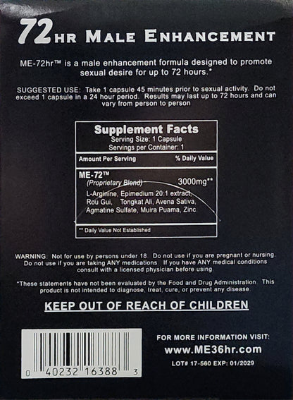 ME-72hr Male Enhancement - 72 Hour Performance Support Capsules (1 Capsule)