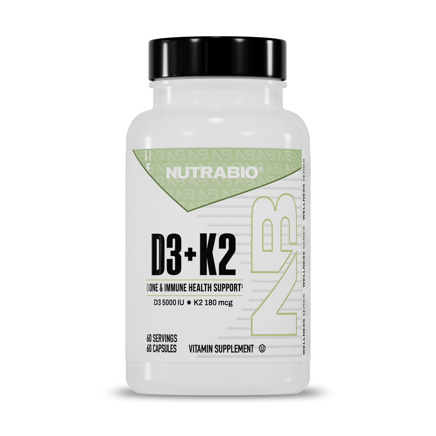 NutraBio Vitamin D3 + K2 - 5000 IU D3 & 180 mcg K2 MK-7 (60 Caps)