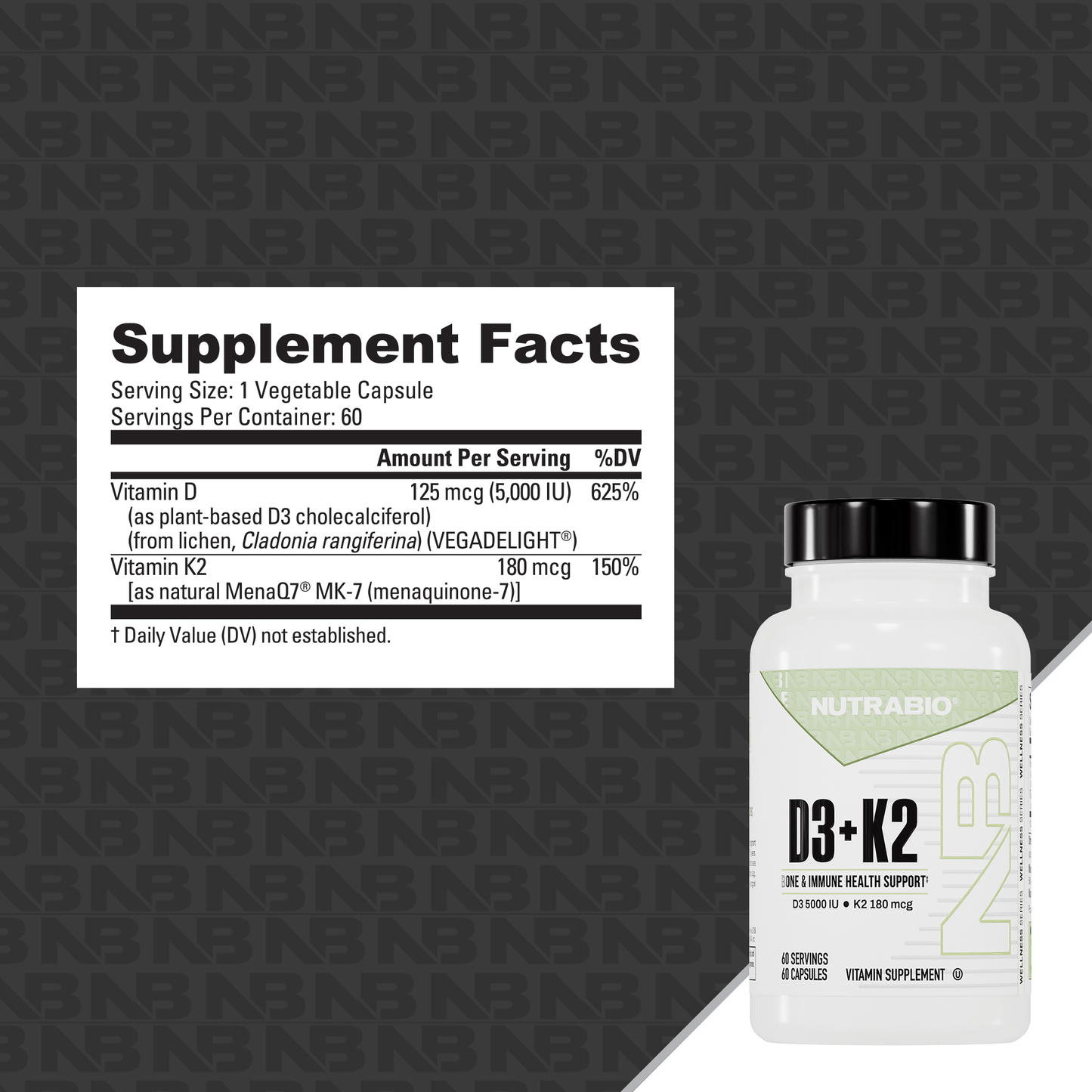 NutraBio Vitamin D3 + K2 - 5000 IU D3 & 180 mcg K2 MK-7 (60 Caps)