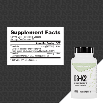 NutraBio Vitamin D3 + K2 - 5000 IU D3 & 180 mcg K2 MK-7 (60 Caps)