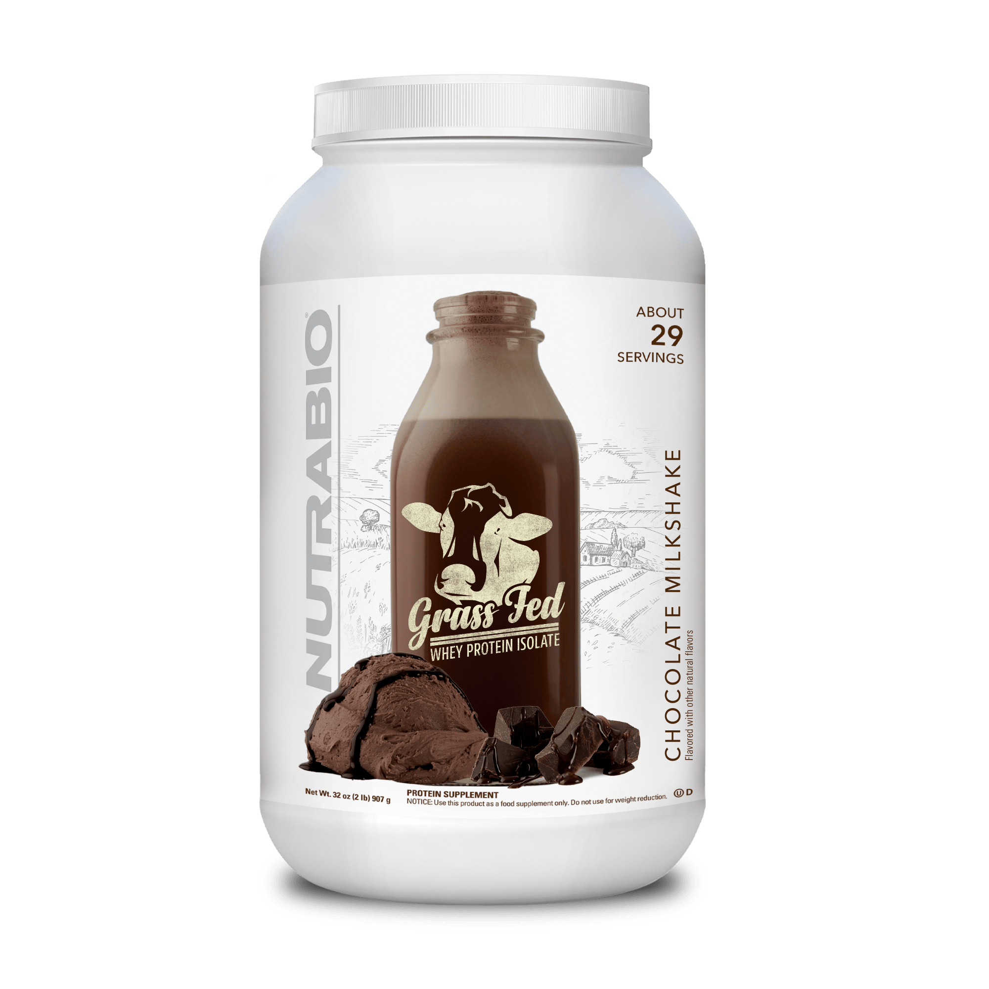 NutraBio Grass Fed Whey Protein Isolate - Vanilla Bean Ice Cream, 2lb (907g) - Clean Ingredients, USA Made
