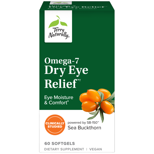 Box of Omega-7 Dry Eye Relief supplements with sea buckthorn berries.