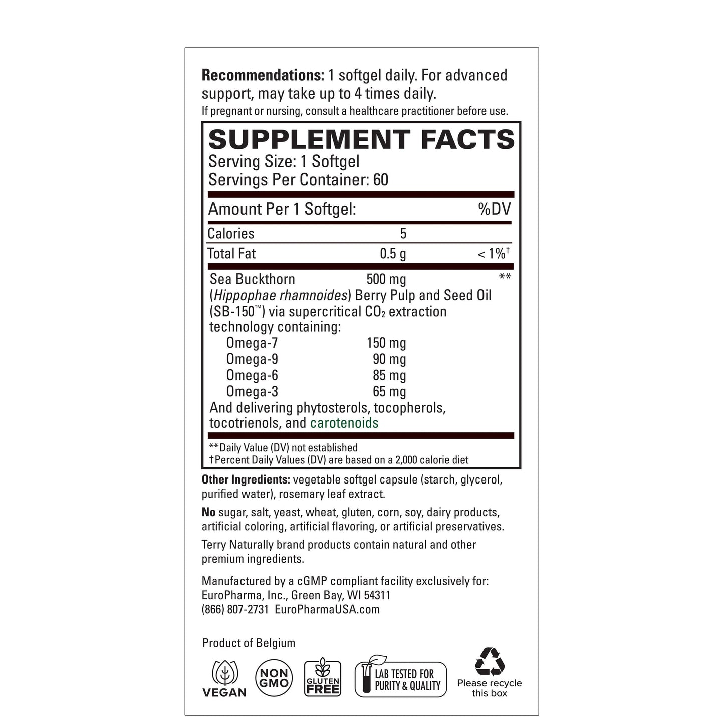 Supplement facts panel for softgel capsules.
