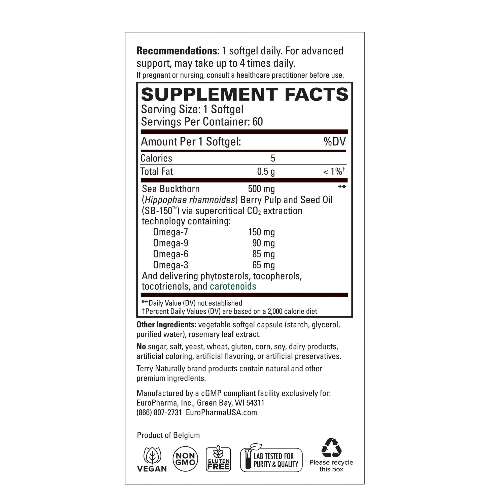Supplement facts panel for softgel capsules.