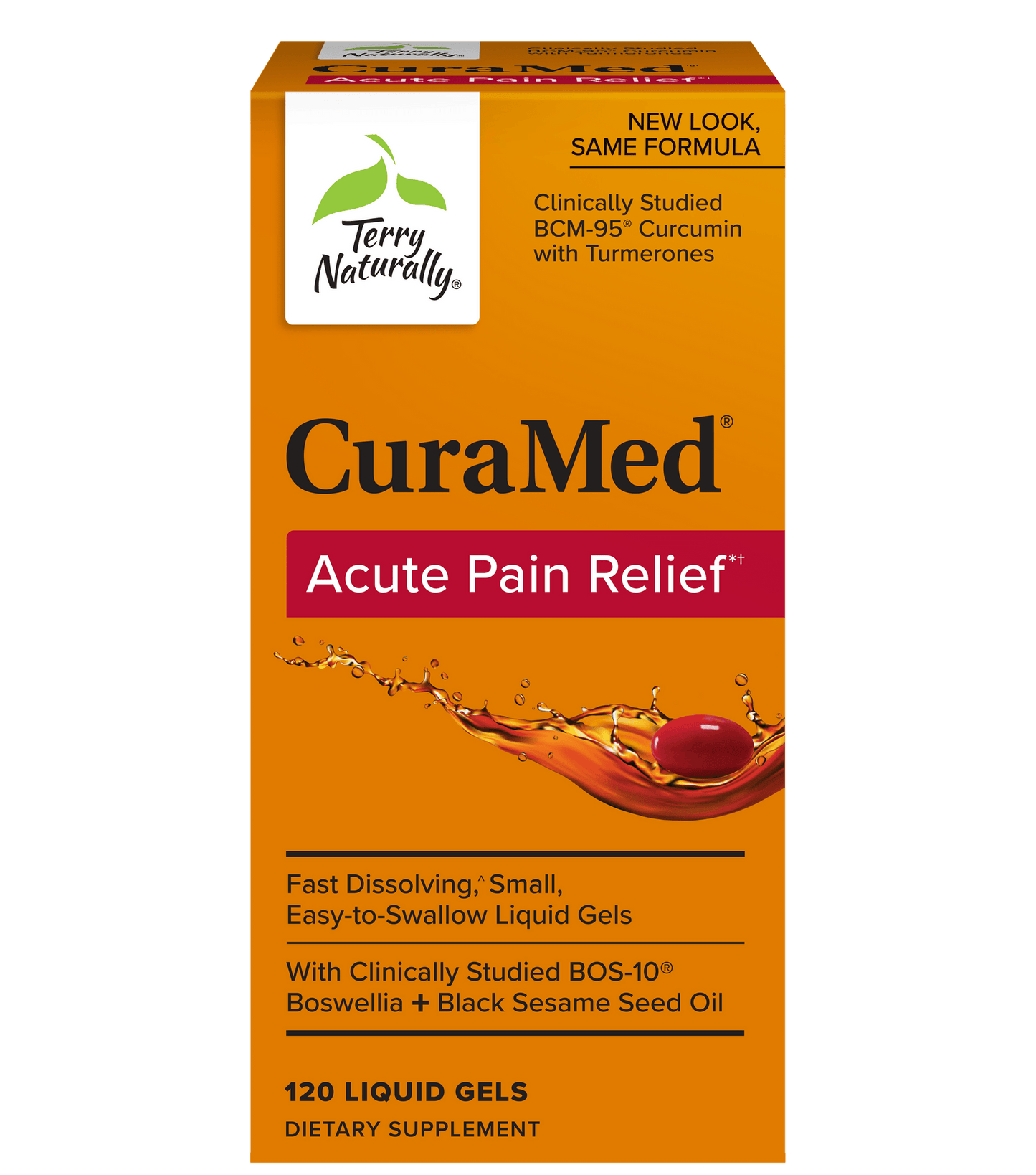 Orange box of CuraMed Acute Pain Relief liquid gels.