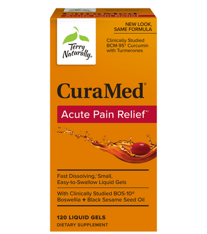 Orange box of CuraMed Acute Pain Relief liquid gels.