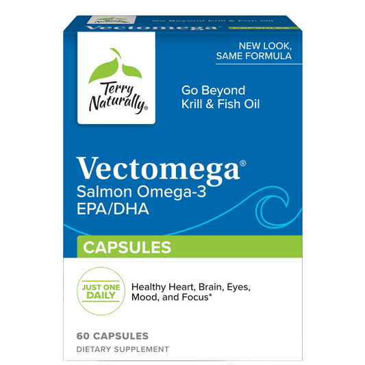 Box of Vectomega Salmon Omega-3 capsules.