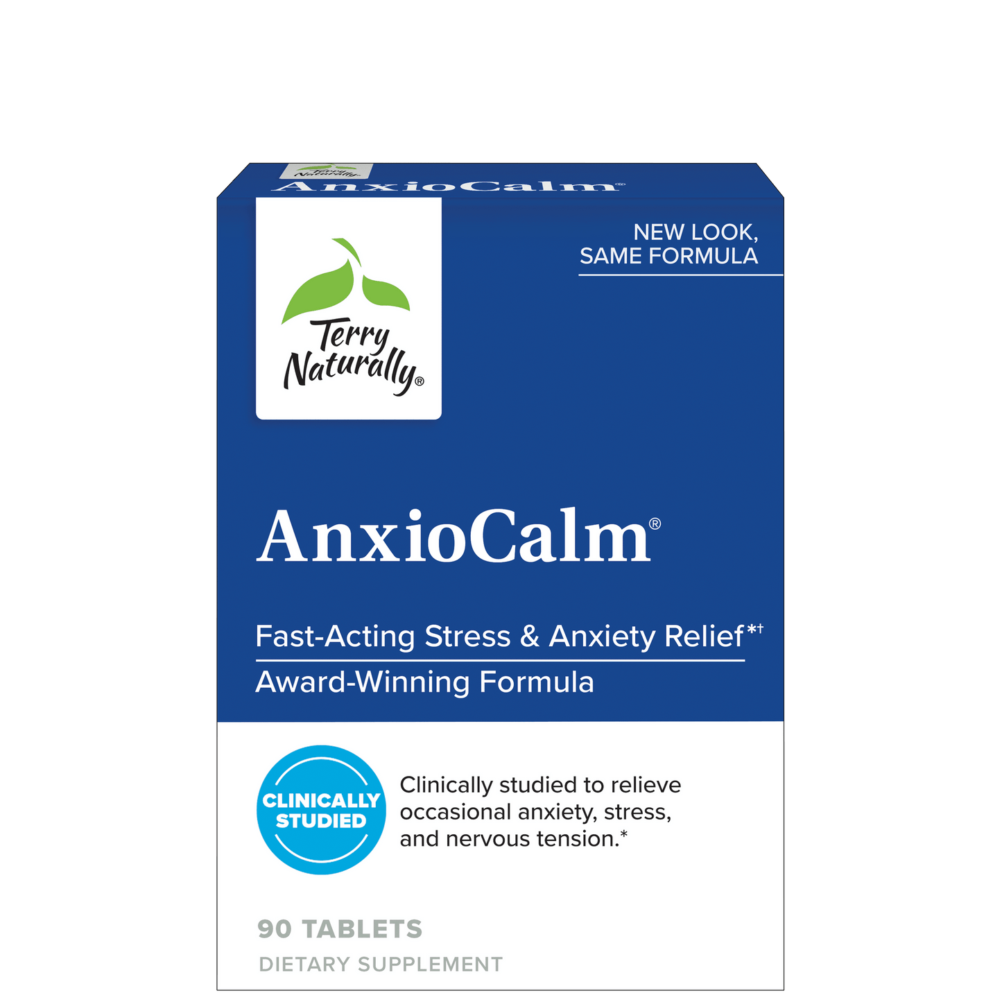 Blue box of AnxioCalm tablets.