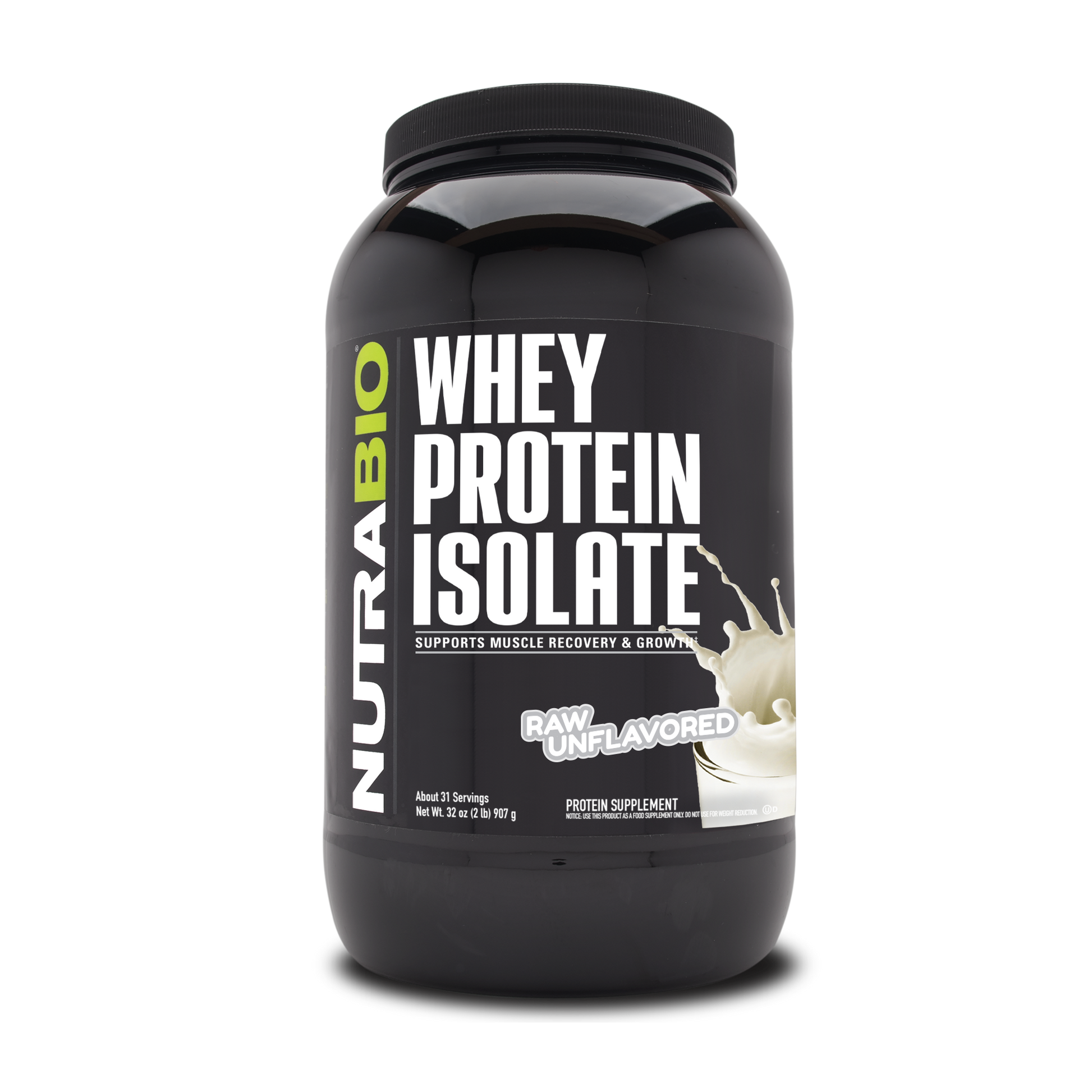 Black container of whey protein isolate.