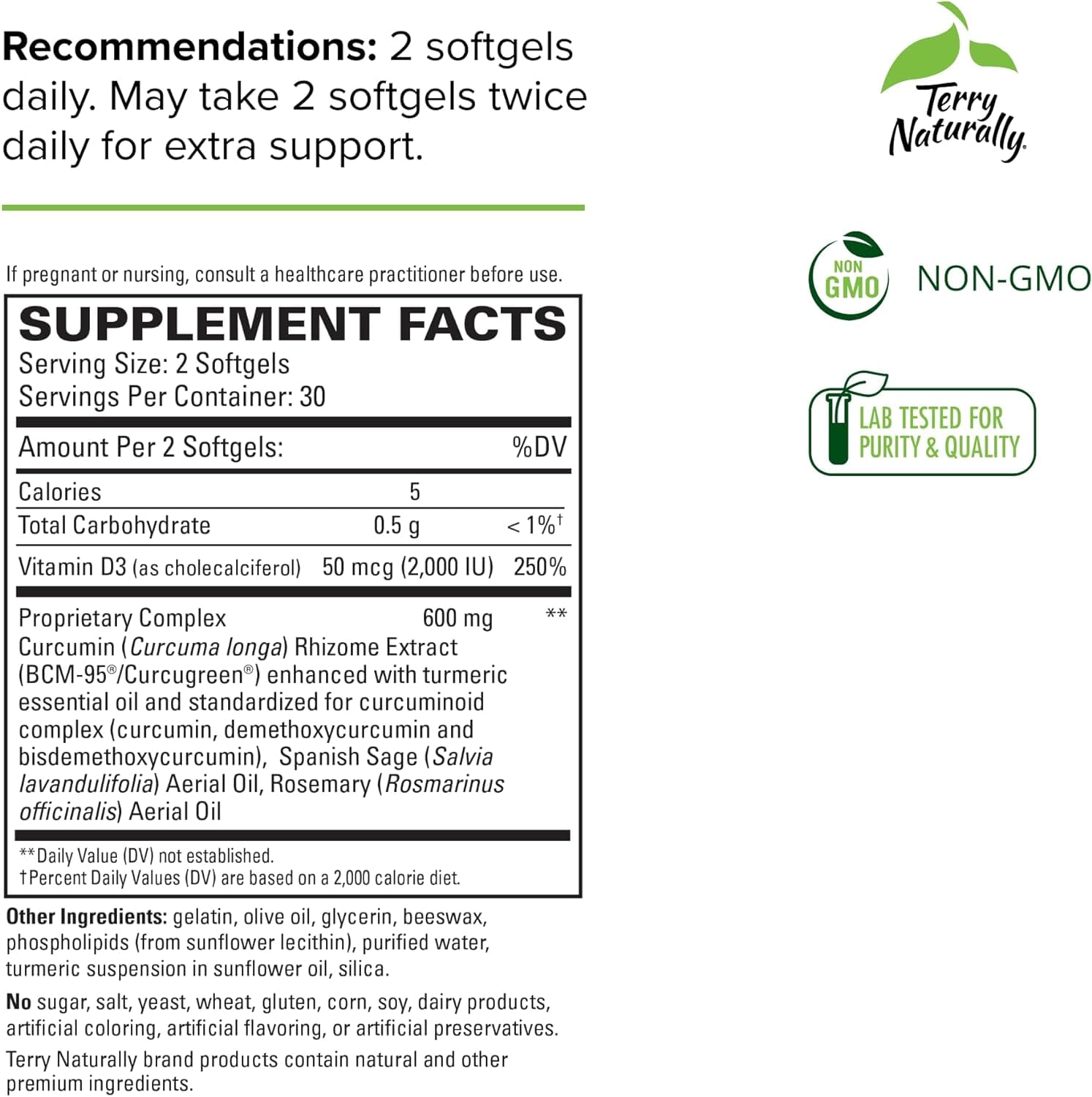 Terry Naturally supplement facts label for 2 softgels