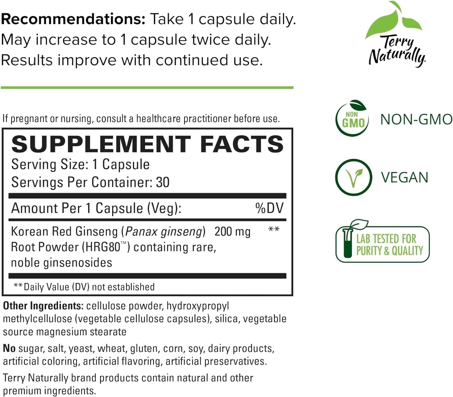Terry Naturally Korean Red Ginseng supplement facts, vegan, GMO-free.