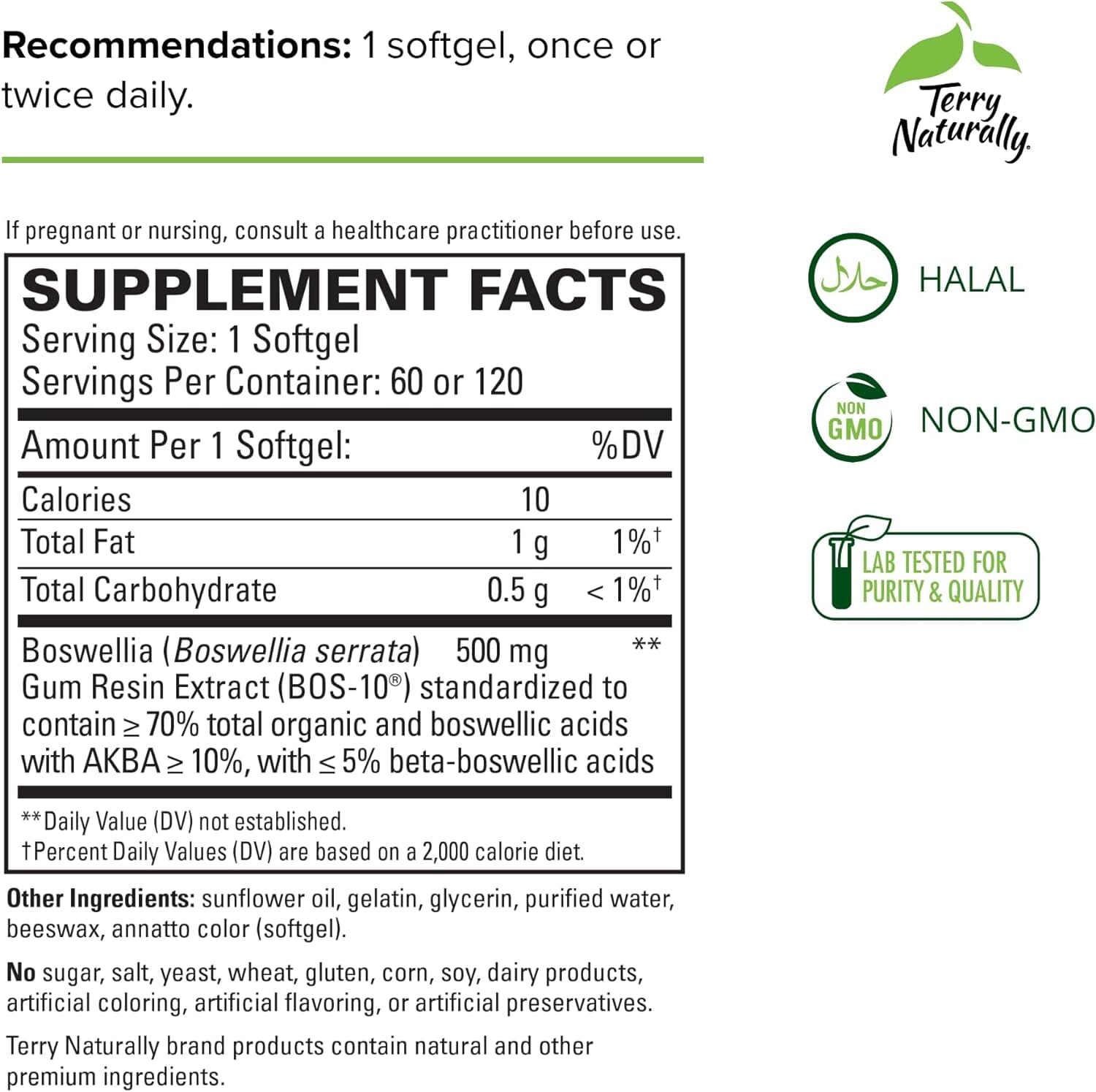 Terry Naturally Boswellia softgel supplement facts