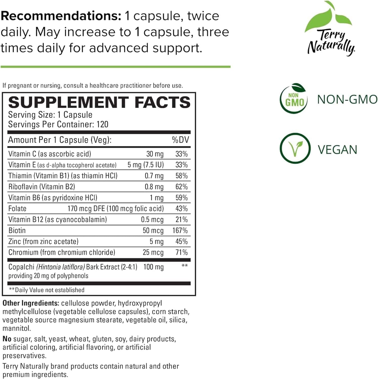 Terry Naturally supplement facts, vegan, non-GMO.