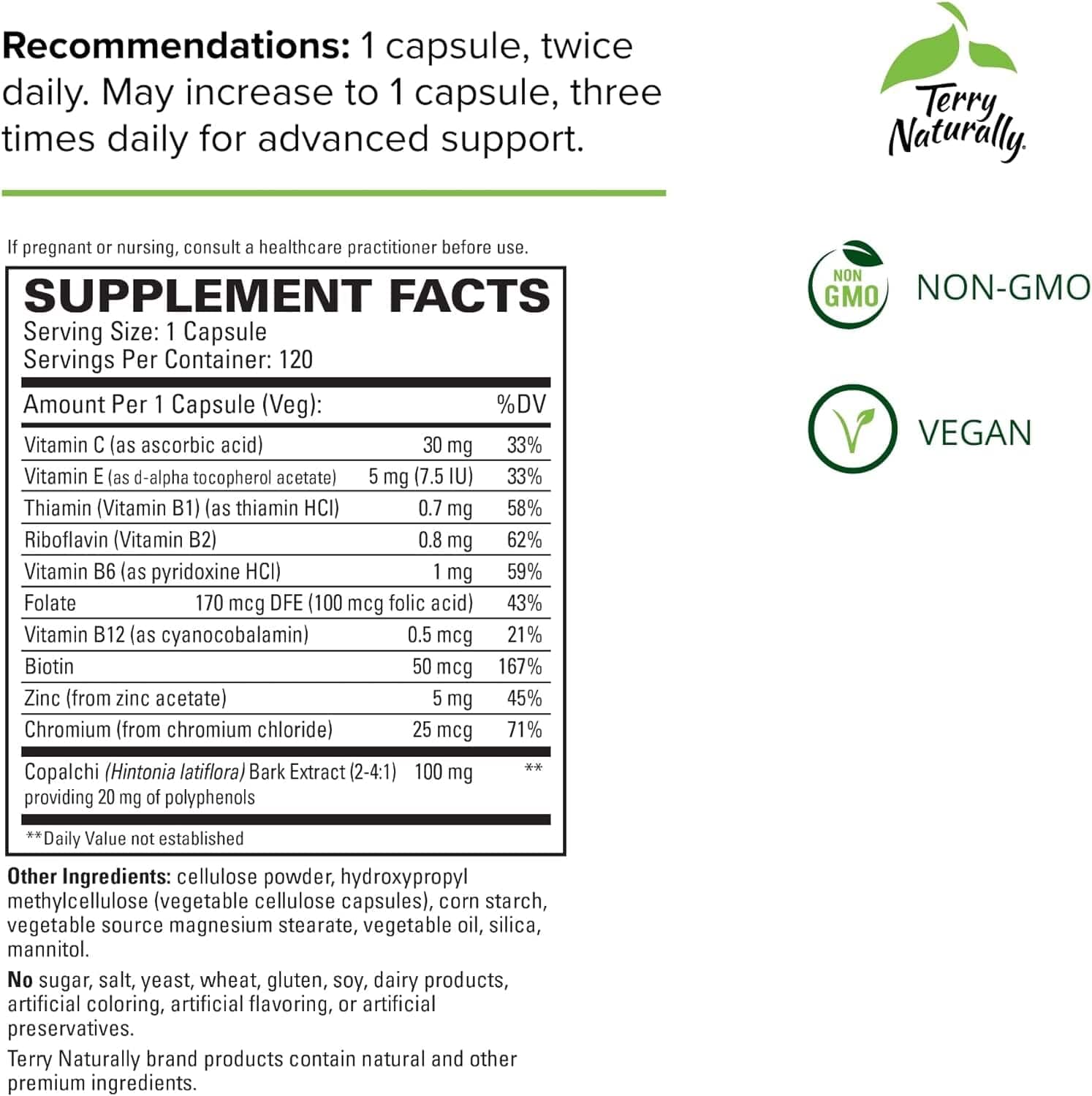 Terry Naturally supplement facts, vegan, non-GMO.