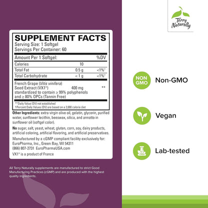 Terry Naturally VX1 French Grape Seed Extract Supplement Facts