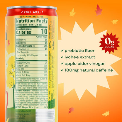 Crisp Apple Juice Can with 0g Sugar, 10 Calories, and 180mg Caffeine