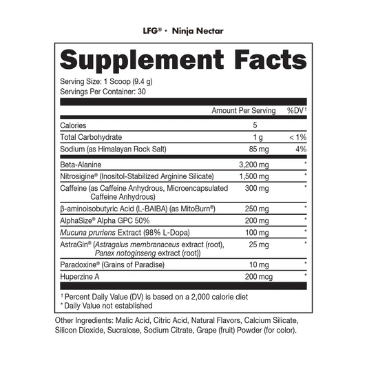 Ninja Nectar Supplement Facts - 5 Calories per serving