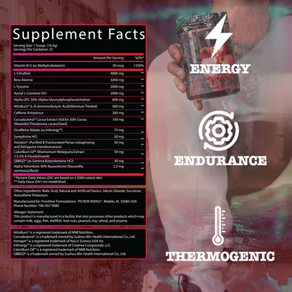 Supplement facts for energy, endurance, & thermogenic supplement