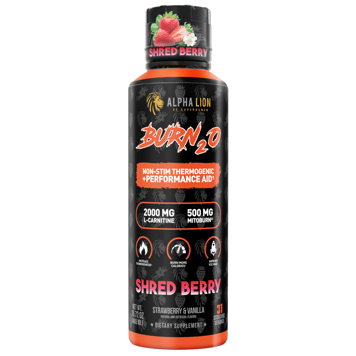 Alpha Lion Burn2O Shred Berry supplement bottle