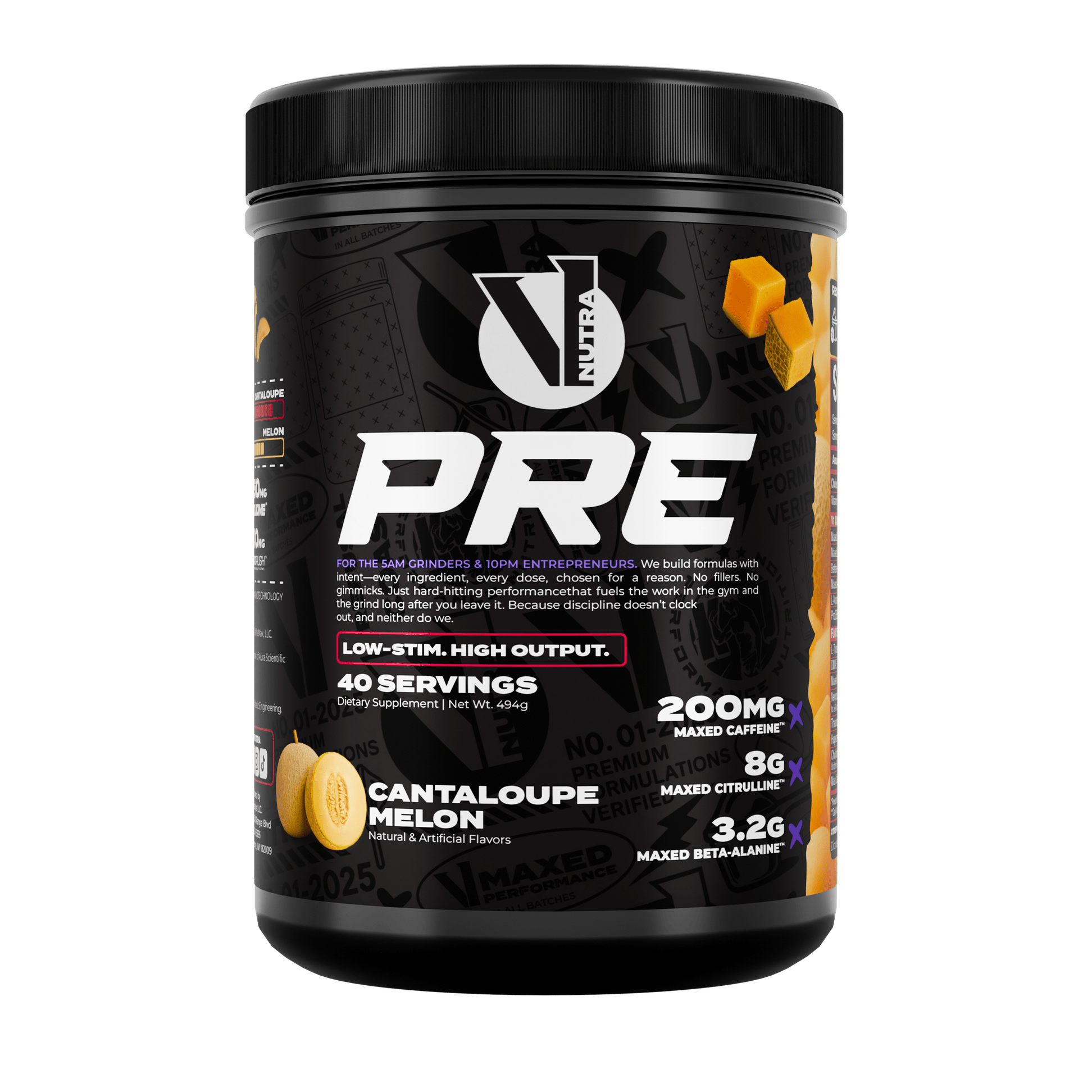 Black tub of PRE workout supplement.