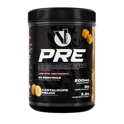 Black tub of PRE workout supplement.