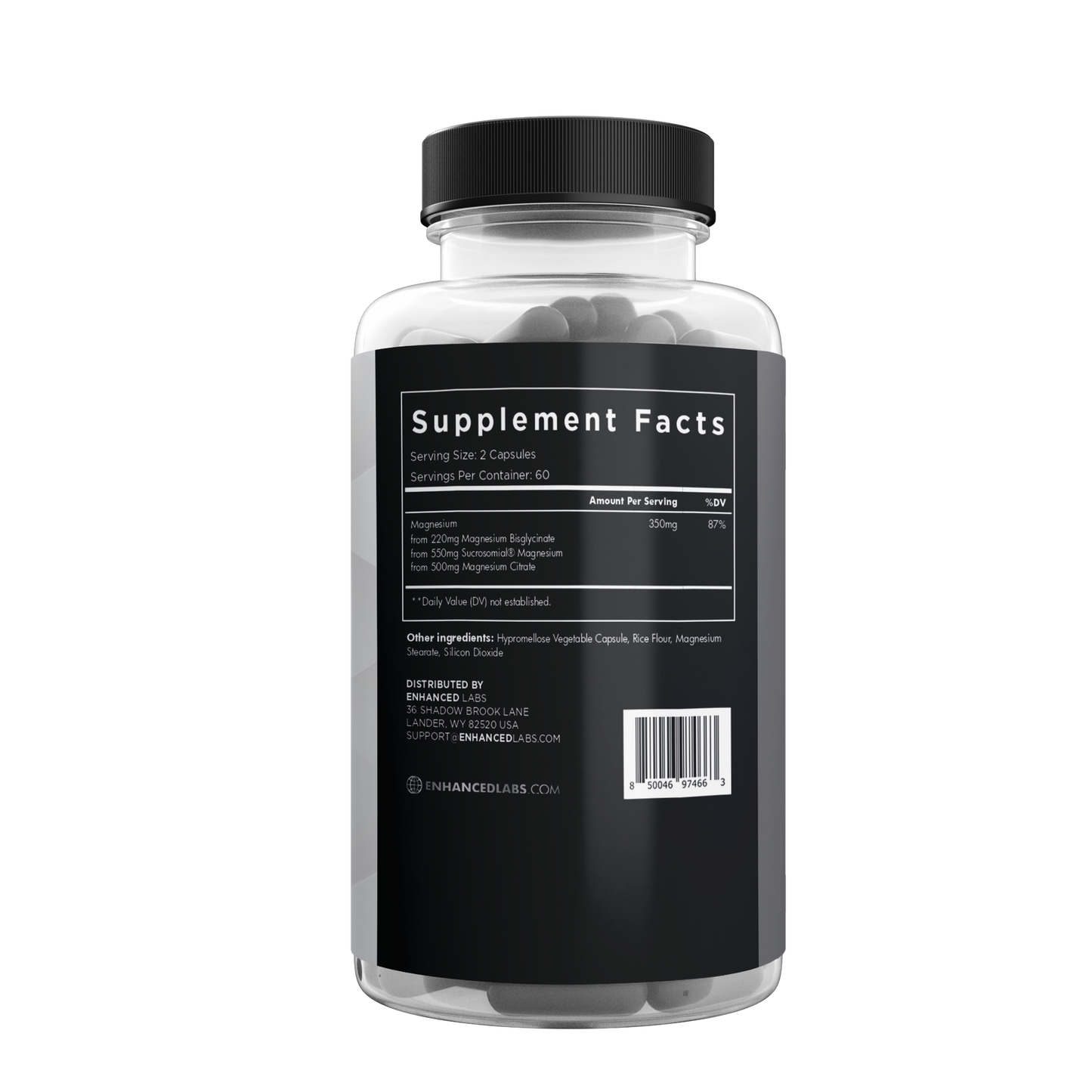 Magnesium supplement bottle back view with supplement facts.