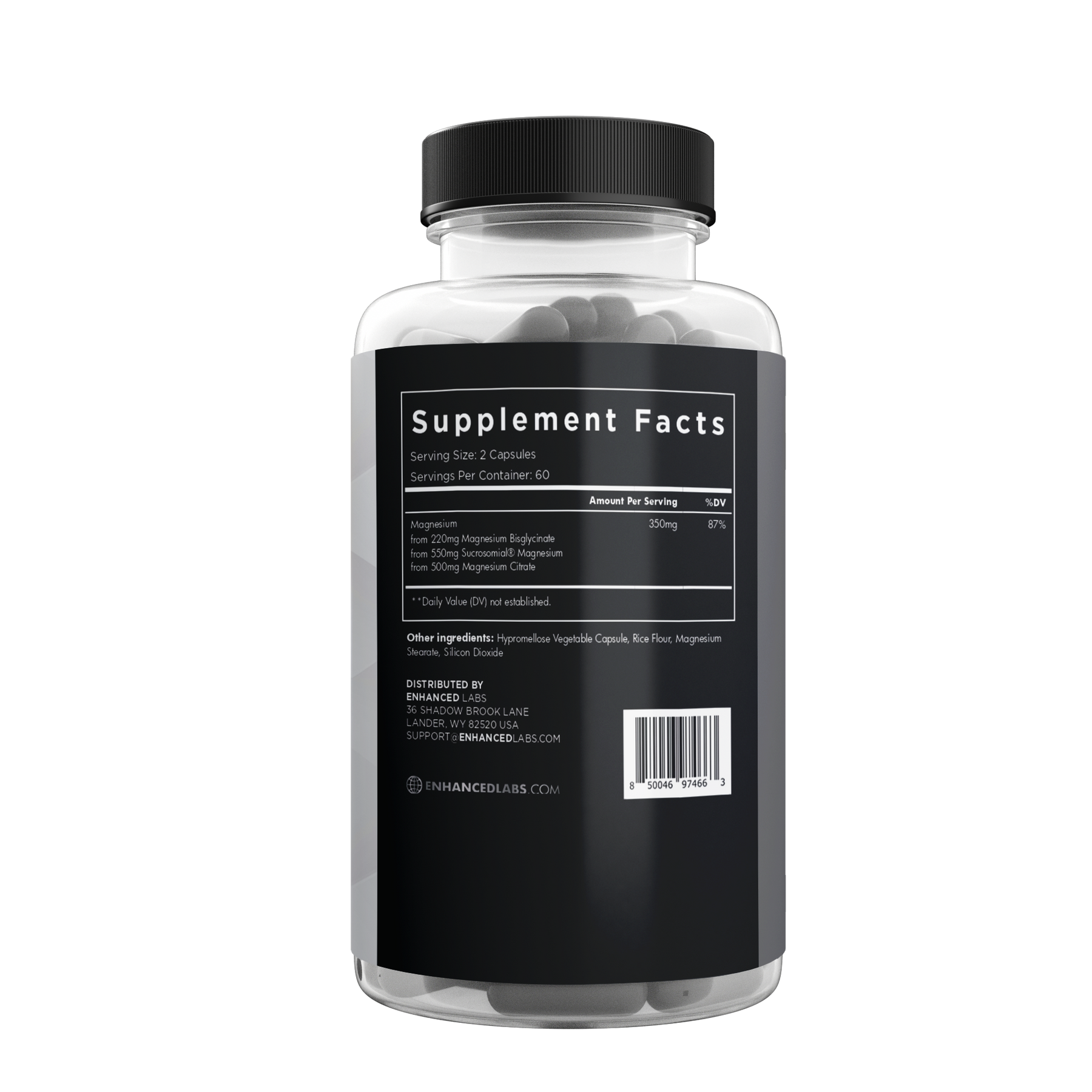 Magnesium supplement bottle back view with supplement facts.