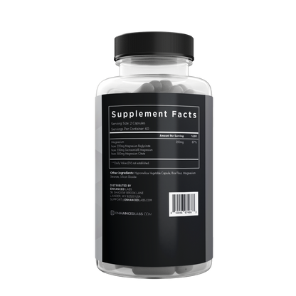 Magnesium supplement bottle back view with supplement facts.