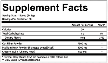 Supplement Facts label with Oat Fiber, Psyllium Husk, and Chicory Inulin.