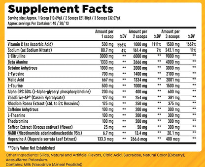 Supplement facts for supplement product, showing dosages per scoop.