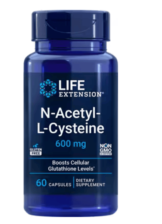 Life Extension N-Acetyl L-Cysteine supplement bottle, 600mg, screenshot April...