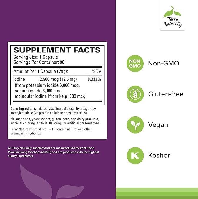 12,500 mcg Iodine, Non-GMO, Gluten-free, Vegan, Kosher