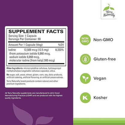 12,500 mcg Iodine, Non-GMO, Gluten-free, Vegan, Kosher