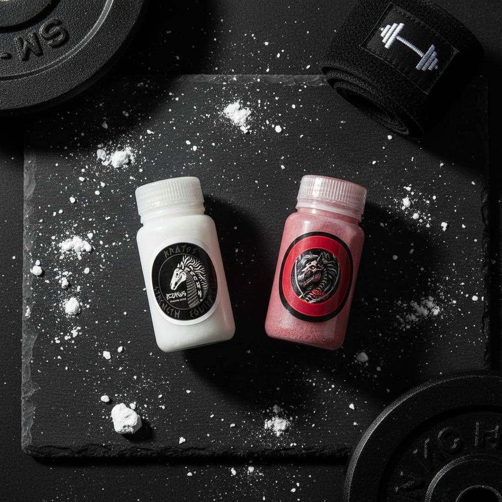 Pegasus Smelling Salts bottles with gym chalk, iron plates and wrist wrap on dark surface